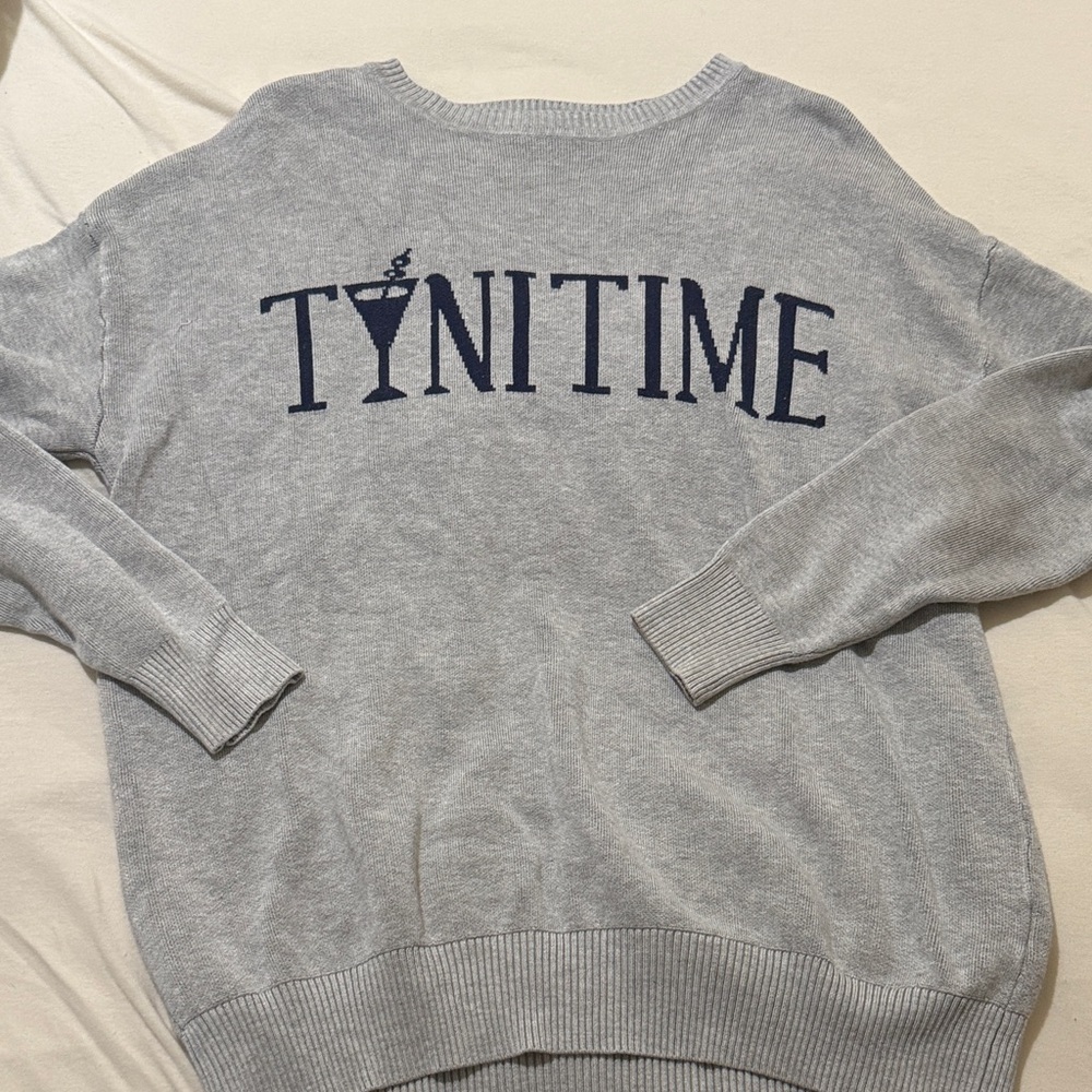 Pink Rose Gray Sweater with Navy Text